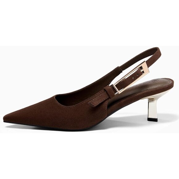 Women's Dark Brown Slingback Kitten Heels Closed Pointed Toe Pumps Buckle Strap - Picture 2 of 5